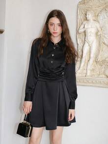 Đầm Nút phía trước Xếp li màu trơn Thanh lịch - màu đen - Xem 5