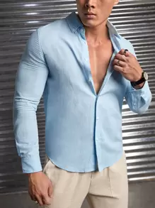 Manfinity NXTstreet Men Cotton Solid Button Up Shirt - Baby Blue - View 1