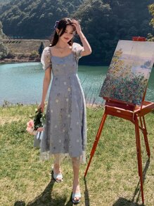DAZY Floral Embroidery Puff Sleeve Dress Cottagecore Dress - Dusty Blue - View 6