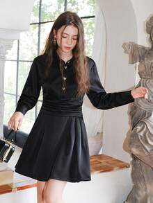 Đầm Nút phía trước Xếp li màu trơn Thanh lịch - màu đen - Xem 7