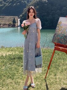 DAZY Floral Embroidery Puff Sleeve Dress Cottagecore Dress - Dusty Blue - View 7