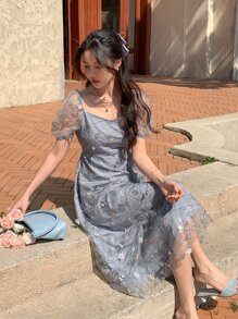 DAZY Floral Embroidery Puff Sleeve Dress Cottagecore Dress - Dusty Blue - View 8