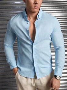 Manfinity NXTstreet Men Cotton Solid Button Up Shirt - Baby Blue - View 3