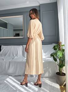 EURMUSE Lantern Sleeve Button Up Belted Dress - Apricot - View 2