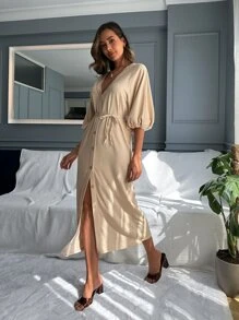 EURMUSE Lantern Sleeve Button Up Belted Dress - Apricot - View 3