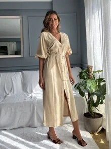 EURMUSE Lantern Sleeve Button Up Belted Dress - Apricot - View 4