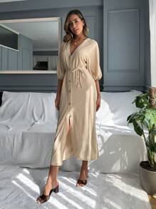 EURMUSE Lantern Sleeve Button Up Belted Dress - Apricot - View 5