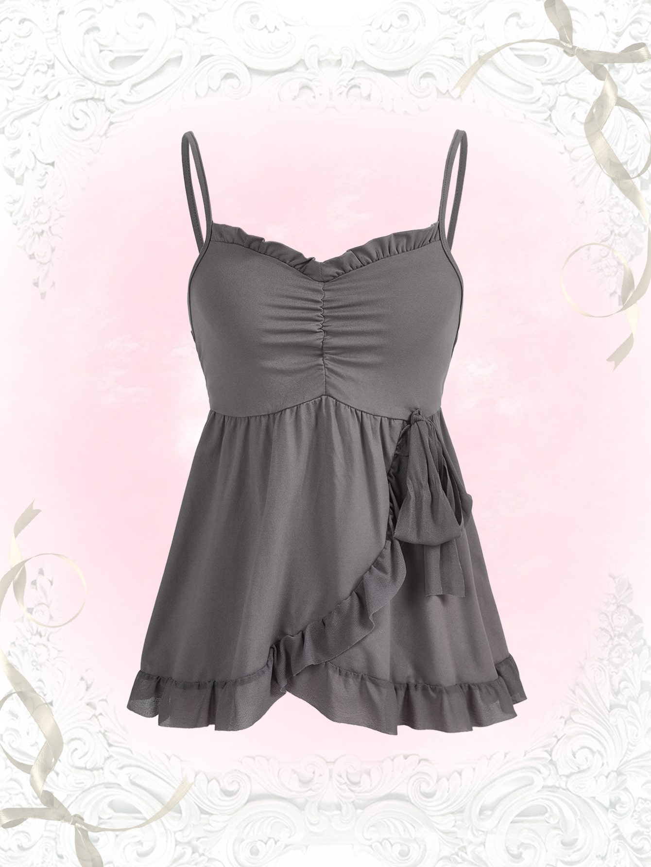 ROMWE Kawaii Solid Ruched Ruffle Hem Cami Top