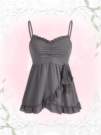 Kawaii Einfarbiges geraffte Rüschen Saum Babydoll Träger Top
