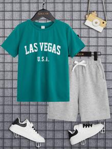 SHEIN Tween Boy Letter Graphic Tee & Drawstring Waist Shorts