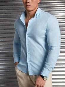 Manfinity NXTstreet Men Cotton Solid Button Up Shirt - Baby Blue - View 6