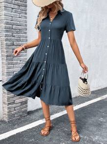 SHEIN LUNE 素色前紐扣多層下擺襯衫連衣裙