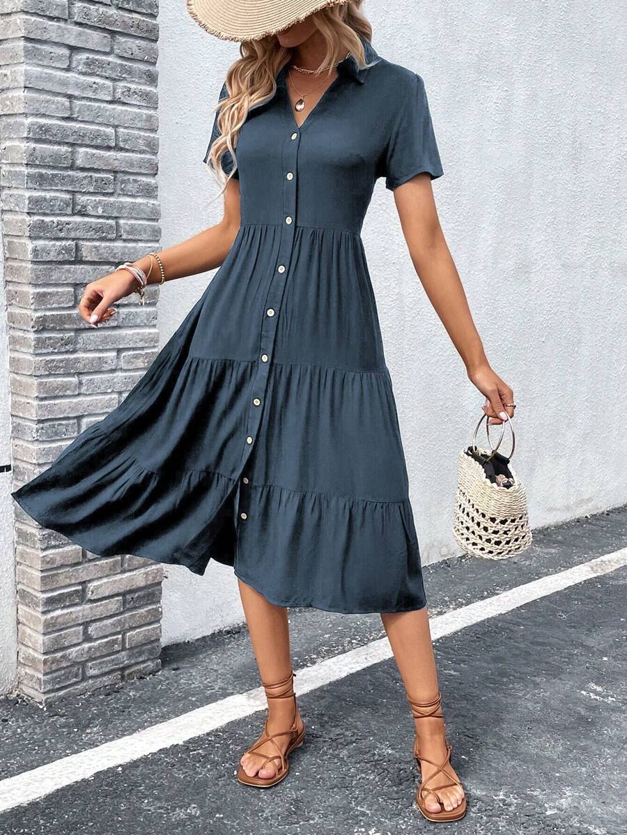 SHEIN LUNE 素色前紐扣多層下擺襯衫連衣裙