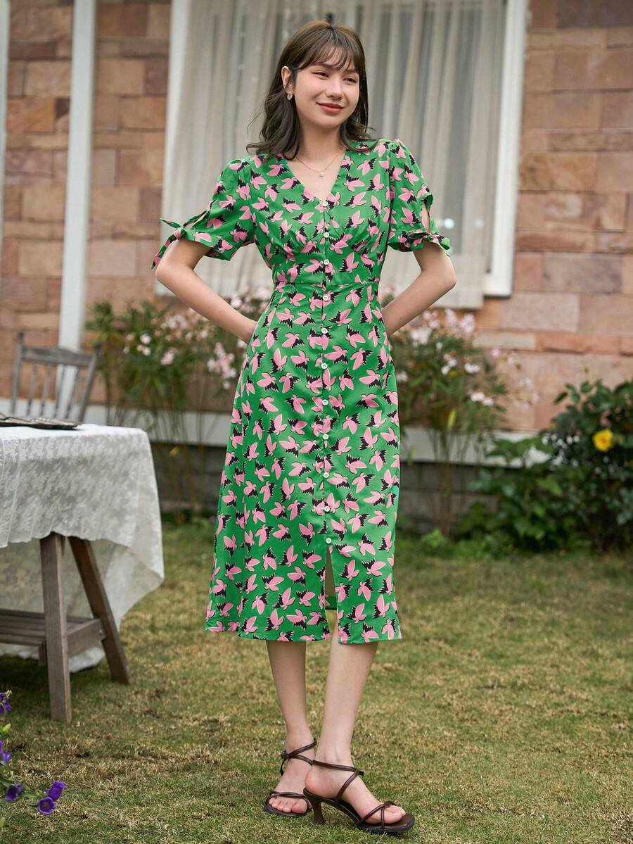 DAZY Vestido con estampado de manga farol bajo con fruncido - Verde - Ver 1