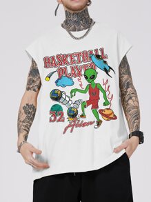 ROMWE MEN Guys Alien & Letter Graphic Tank Top - White - View 1