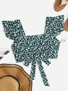 SHEIN VCAY Ditsy Floral Print Butterfly Sleeve Crop Tee - Multicolor - View 3