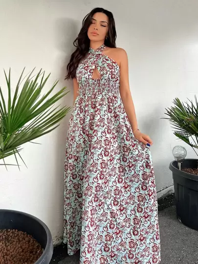 SHEIN VCAY Allover Floral Print Crisscross Tie Backless Halter Dress