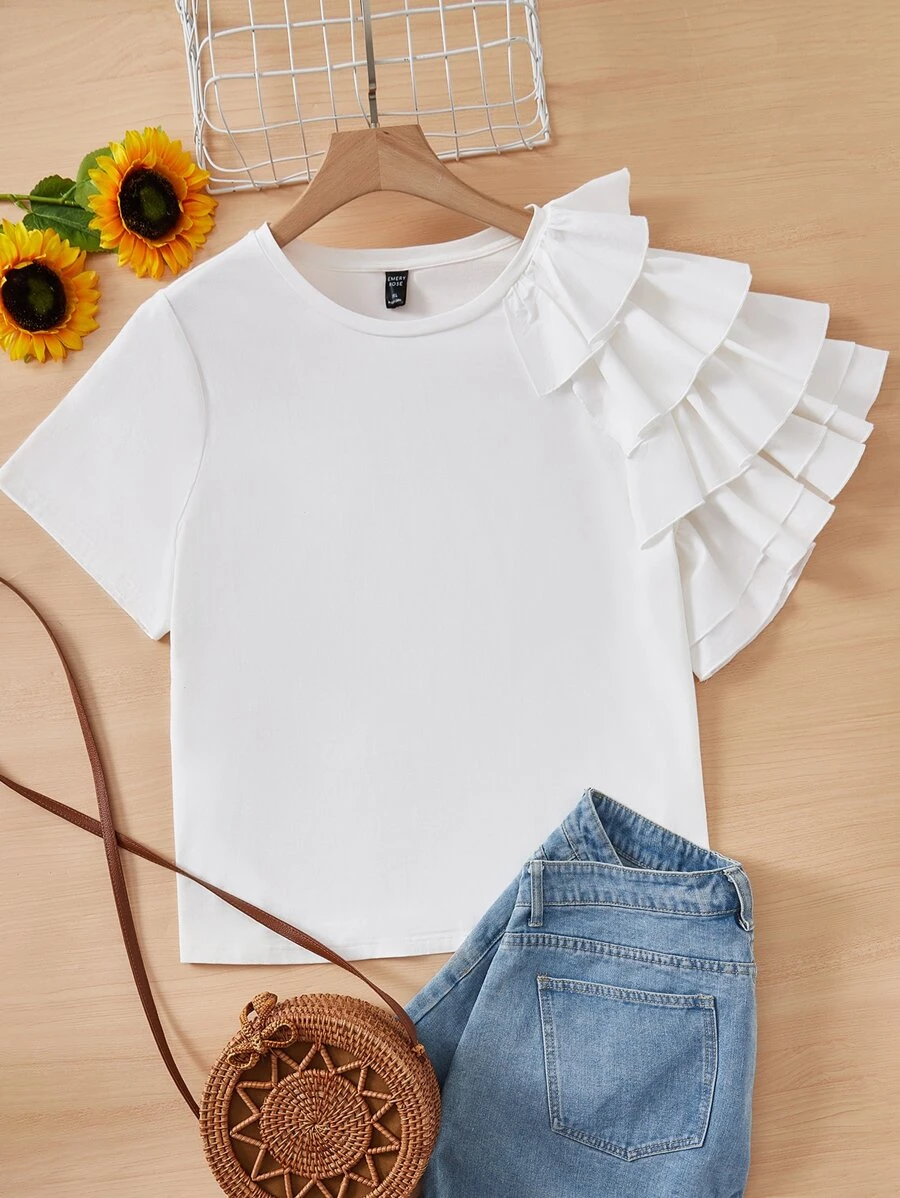 SHEIN Essnce Áo thun Plus size Xù phân lớp màu trơn Giải trí - trắng - Xem 1