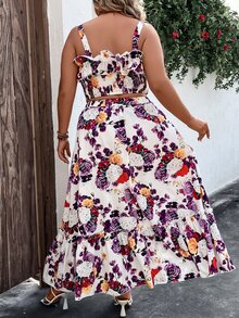 SHEIN Holidaya con estampado floral Top de tirantes & bajo con fruncido Falda - Multicolor - Ver 2