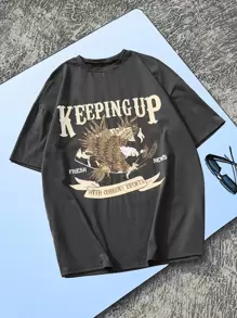 SHEIN EZwear 字母圖案落肩T恤 - 深灰色 - 查看 1