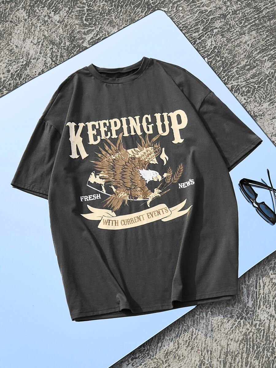 SHEIN EZwear 字母圖案落肩T恤 - 深灰色 - 查看 1