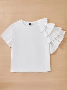 SHEIN Essnce Áo thun Plus size Xù phân lớp màu trơn Giải trí - trắng - Xem 3