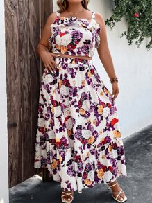 SHEIN Holidaya con estampado floral Top de tirantes & bajo con fruncido Falda - Multicolor - Ver 3