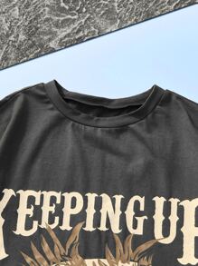 SHEIN EZwear 字母圖案落肩T恤 - 深灰色 - 查看 3