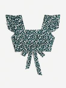 SHEIN VCAY Ditsy Floral Print Butterfly Sleeve Crop Tee - Multicolor - View 2