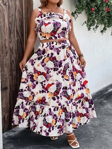 SHEIN Holidaya con estampado floral Top de tirantes & bajo con fruncido Falda - Multicolor - Ver 4