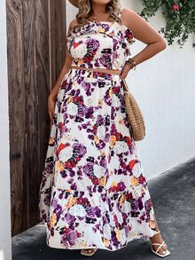 SHEIN Holidaya con estampado floral Top de tirantes & bajo con fruncido Falda - Multicolor - Ver 5