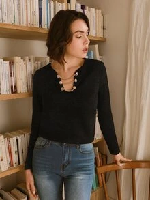 SHEIN Frenchy Chain Detail Rib Knit Tee - Black - View 5