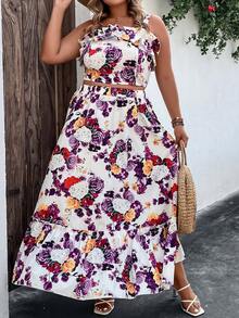 SHEIN Holidaya con estampado floral Top de tirantes & bajo con fruncido Falda - Multicolor - Ver 8