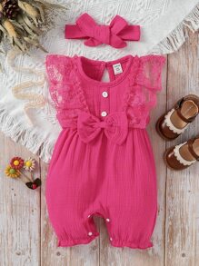 SHEIN Baby Girl Lace Ruffle Trim Bow Front Romper - Hot Pink - View 1