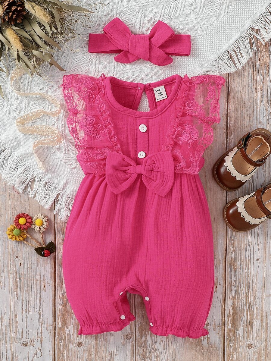 SHEIN Baby Girl Lace Ruffle Trim Bow Front Romper - Hot Pink - View 1