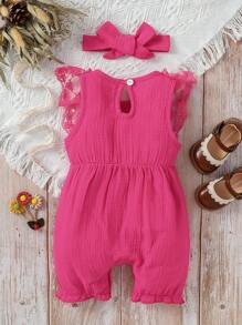 SHEIN Baby Girl Lace Ruffle Trim Bow Front Romper - Hot Pink - View 2