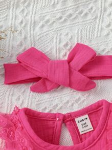 SHEIN Baby Girl Lace Ruffle Trim Bow Front Romper - Hot Pink - View 6