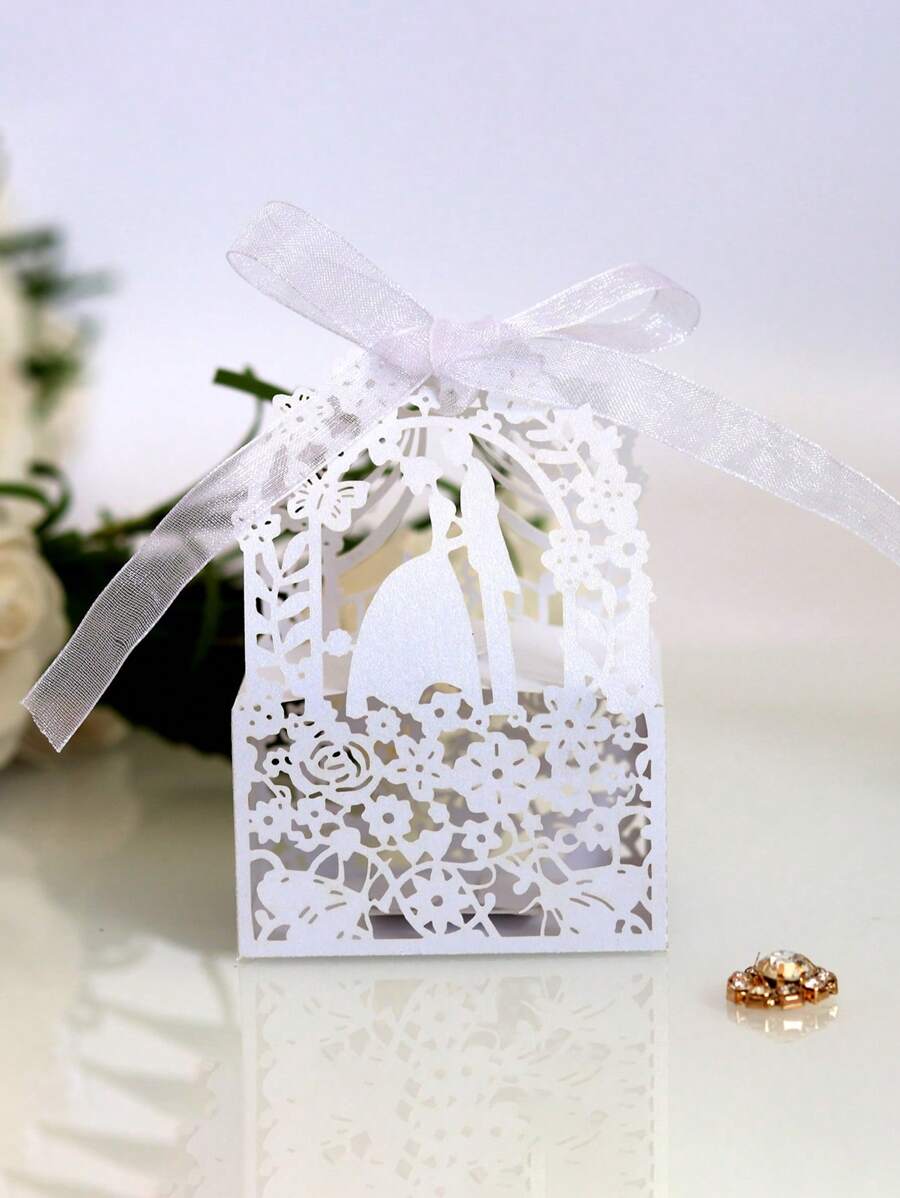 10 cái Thiết Kế Hoa Rỗng Ra Nơ Trang Trí Hộp Gói Quà - trắng - Xem 1