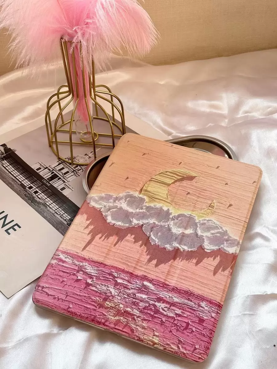 Ốp PU chống rơi họa tiết mặt trăng và đám mây Tương thích với iPad - Màu vàng - Xem 1