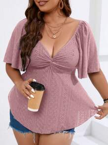 SHEIN LUNE 大碼前扭結蝴蝶袖T恤 - 粉色 - 查看 3