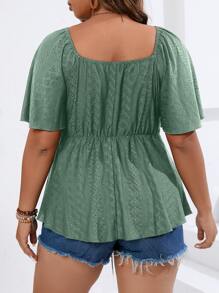 SHEIN LUNE 大碼前扭結蝴蝶袖T恤 - 綠色 - 查看 2