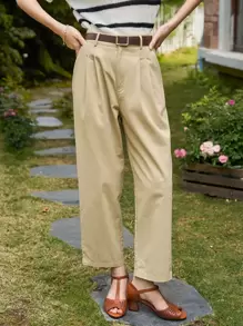 DAZY Solid Fold Pleated Detail Trousers Without Belt - Khaki - View 1