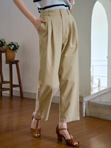 DAZY Solid Fold Pleated Detail Trousers Without Belt - Khaki - View 3