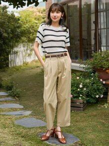 DAZY Solid Fold Pleated Detail Trousers Without Belt - Khaki - View 4