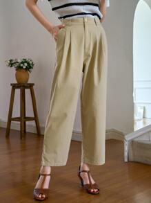 DAZY Solid Fold Pleated Detail Trousers Without Belt - Khaki - View 7