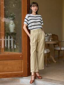 DAZY Solid Fold Pleated Detail Trousers Without Belt - Khaki - View 8