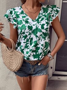 SHEIN VCAY 滿版印花蝴蝶袖襯衫 - 白色 - 查看 1