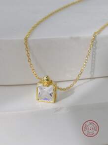 方晶鋯石方形吊墜銀項鍊 - 金黃色 - 查看 1