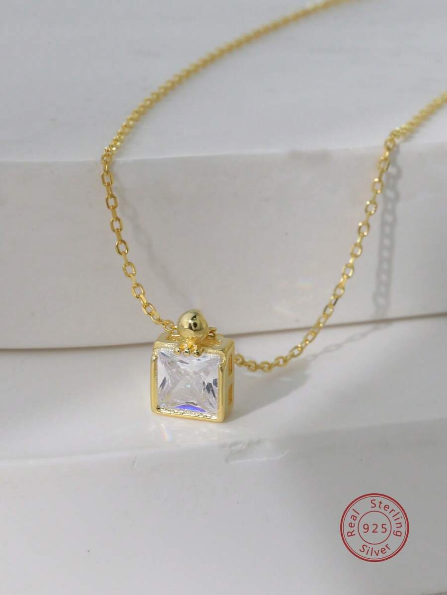 方晶鋯石方形吊墜銀項鍊 - 金黃色 - 查看 1