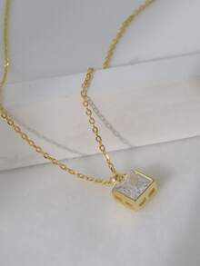 方晶鋯石方形吊墜銀項鍊 - 金黃色 - 查看 2